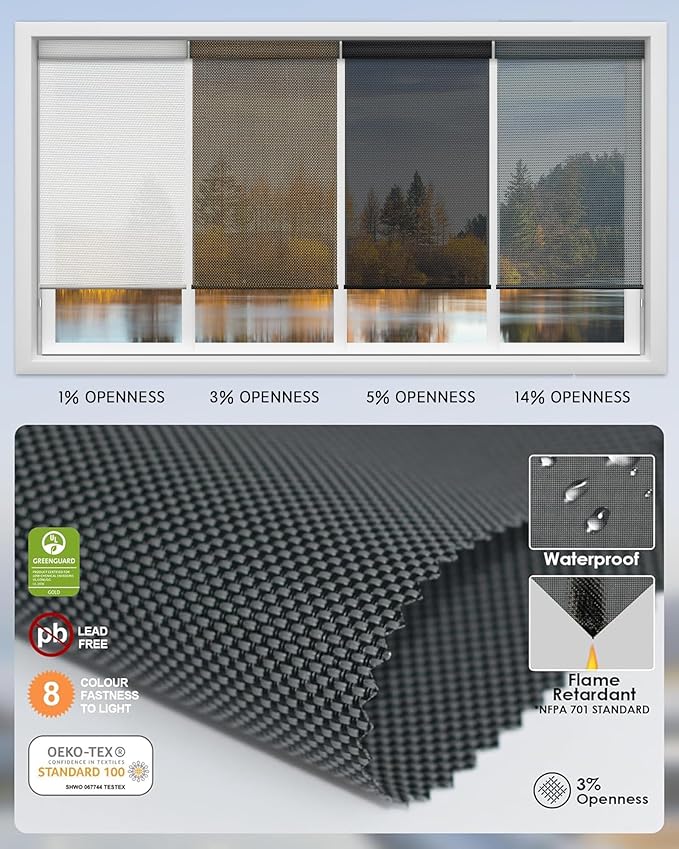 Yoolax Motorized Solar Shades Light Filtering Motorized Blinds with Remote Smart Blinds Work with Alexa Flame Retardant Roller Shades for Windows Home Office Custom Size (3% Openness Greyish Black)