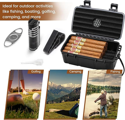 Flauno Travel Humidor - Portable Case Kit with Lighter (Without Gas), Cutter, Holder, Humidifier & Dropper, Waterproof, Crushproof, Airtight Seal (Holds up to 15 Cigars)