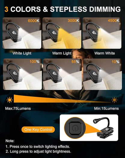 Minsk Book Light, 360° Flexible Book Reading Light, Eye Caring 3 Color Stepless Dimming Brightness Book Lamp, Lightweight Book Light Clip On, Reading Lights for Books in Bed, Book Lovers Gifts