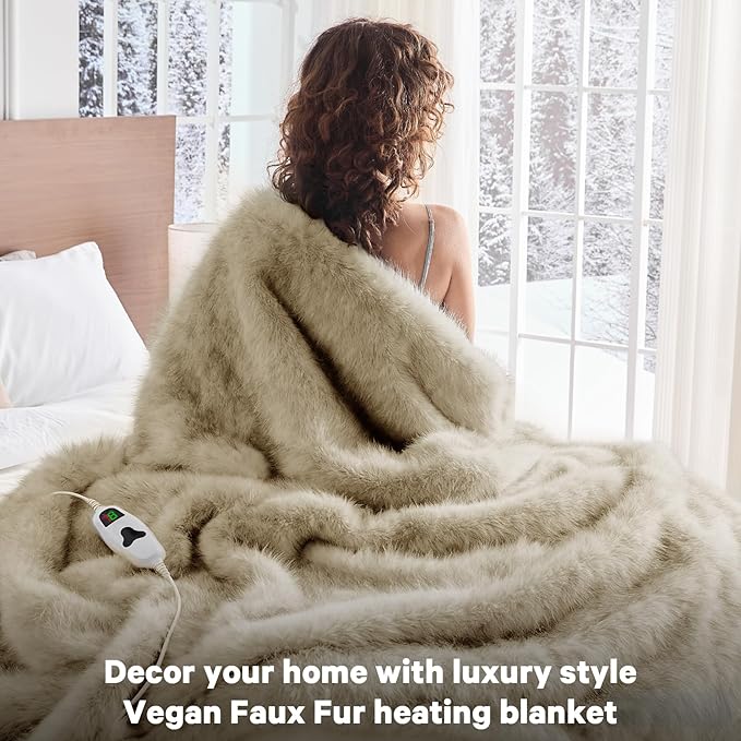 Heated Electric Blanket Twin, Octrot 60"X80" Faux Fur Heating Blanket Luxury Christmas Gifts Heavy Plush with 10 Heats Levels & 8 Hours Auto Off,Super Cozy Warm Fuzzy,Fluffy Decor Winter Warming,Beige