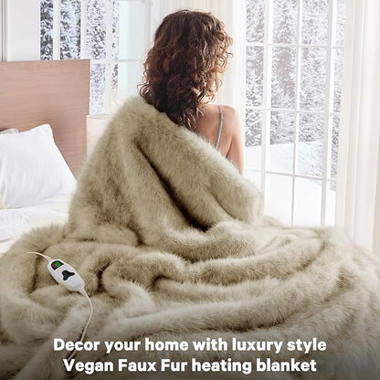 Heated Electric Blanket Twin, Octrot 60"X80" Faux Fur Heating Blanket Luxury Christmas Gifts Heavy Plush with 10 Heats Levels & 8 Hours Auto Off,Super Cozy Warm Fuzzy,Fluffy Decor Winter Warming,Beige
