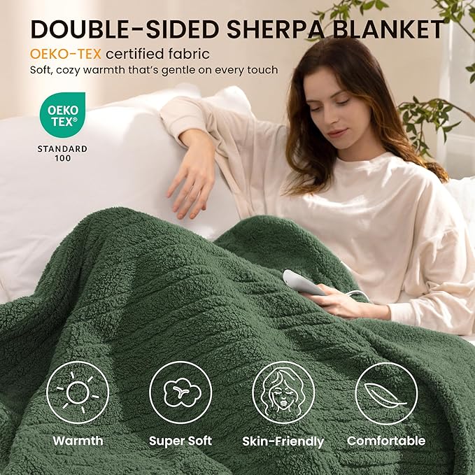 Heated Blanket Electric Blanket Queen - Fast Heating Blanket Throw Dual Control Double Sided Sherpa with 10 Heating Levels & 2-10 Hours Auto Off, Mashine Washable, 84 x 90 Inches, Green