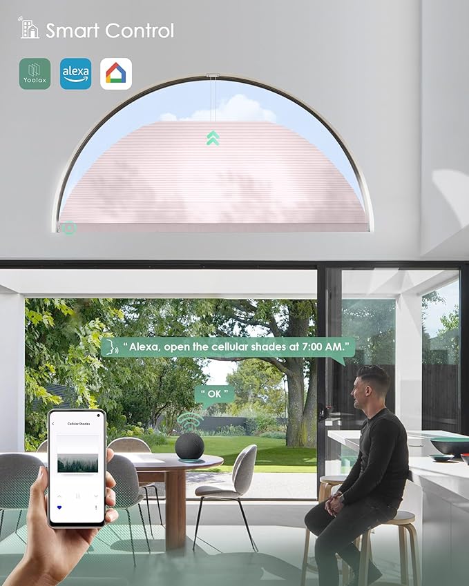 Yoolax Smart Cellular Shades, Motorized Arch Window Honeycomb Blinds Motorized Blinds with Remote Compatible with Alexa, Customized Arched Cellular Shades (Half Shading Light Pink)