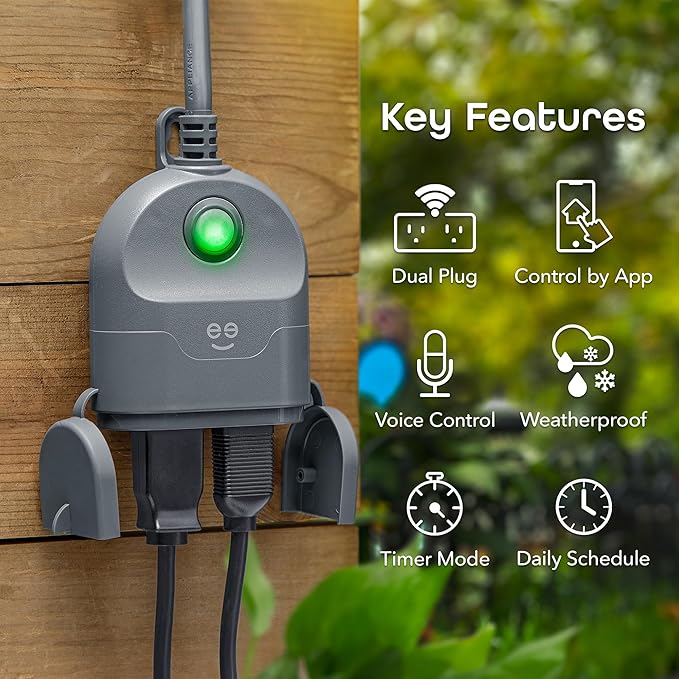 Geeni Outdoor Duo Wi-Fi Smart Plug | 2 Weatherproof Outlets, Compatible with Alexa & Google Assistant | Wireless Remote Control & Timer for Holiday Lights, Appliances, and More, 2-Pack