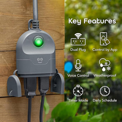 Geeni Outdoor Duo Wi-Fi Smart Plug | 2 Weatherproof Outlets, Compatible with Alexa & Google Assistant | Wireless Remote Control & Timer for Holiday Lights, Appliances, and More, 2-Pack