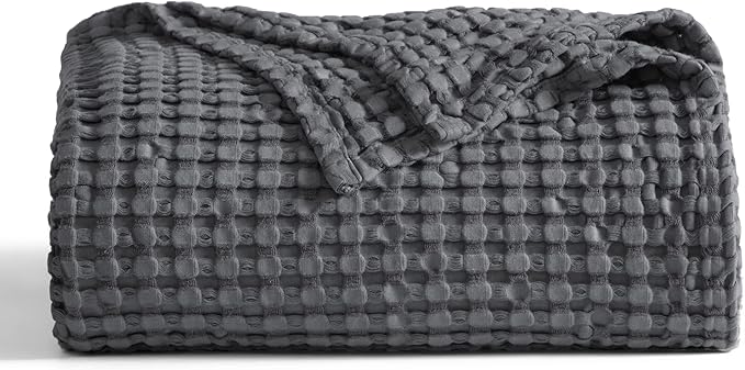 Bedsure Cooling Cotton Waffle Queen Size Blanket - Lightweight Breathable Blanket of Rayon Derived from Bamboo for Hot Sleepers, Luxury Throws for Bed, Couch and Sofa, Dark Grey, 90x90 Inches