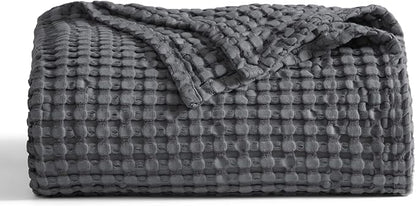 Bedsure Cooling Cotton Waffle Queen Size Blanket - Lightweight Breathable Blanket of Rayon Derived from Bamboo for Hot Sleepers, Luxury Throws for Bed, Couch and Sofa, Dark Grey, 90x90 Inches