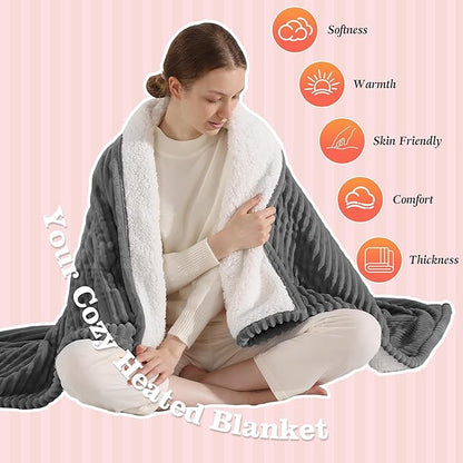 Heated Blanket Electric Throw 50"x60" Heating Blanket 450gsm Ribbed Flannel Sherpa Ultra-Soft with 5 Heating Levels and 4 Hour Auto Off, ETL & FCC Certified Electric Blanket, Great Winter Gift, Grey