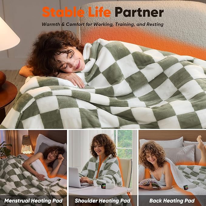 Sage Green Heated Throw Blanket Electric, 50X60 Heating Blanket with 10 Heat Levels & 8 Hours Auto Off for Lap, Checkered Plaid Soft Sherpa Blankets Warmer Gifts for Couch Grandma Women Adults