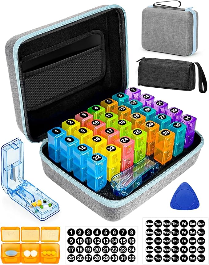 Monthly Pill Organizer 2 Times a Day with Weekly Pill Bags, Portable Hard Shell Case, Pill Cutter & Opener Pick, Monthly and Weekly Stickers for Medication Management (Blue, 3 Times a Day)