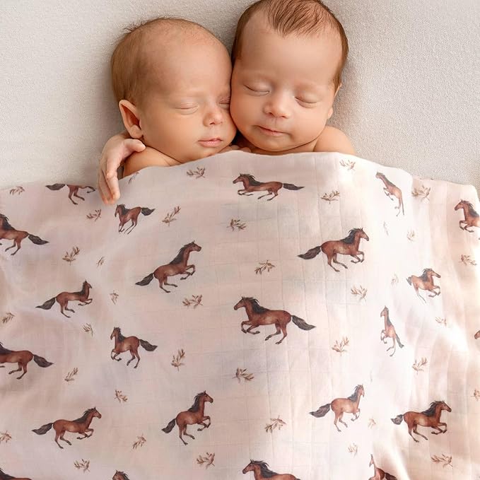 LifeTree Baby Swaddle Blankets, Muslin Swaddle Blankets Boys Girls Swaddling Wrap Receiving Blanket for Newborn, 70% Viscose Bamboo and 30% Cotton, Large 47" x 47", Horse Pattern