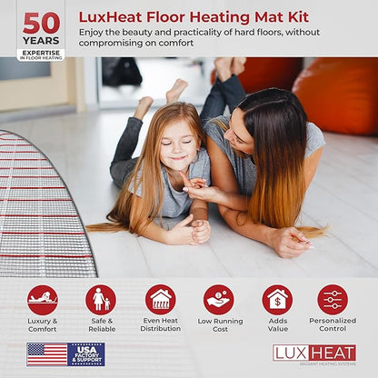 LuxHeat 150sqft Floor Heating Mat Kit - 120v Underfloor Heating System - Electric Radiant Heated Flooring System for Tile & Laminate - Includes UWG4 WiFi Programmable Thermostat w/GFCI, Alarm & Sensor