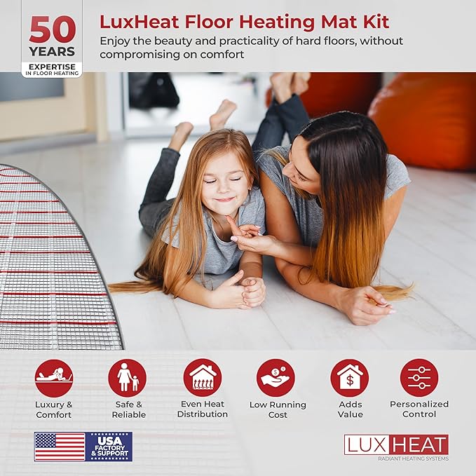 LuxHeat 30sqft Floor Heating Mat Kit - 120v Electric Radiant Floor Heating System - Heated Flooring System for Tile & Laminate - Includes UWG4 WiFi Programmable Thermostat w/GFCI, Alarm & Sensor