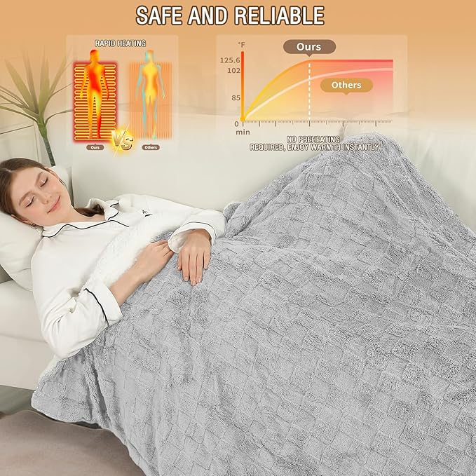 Electric Heating Blanket Throw size 50x60,Electric Blanket Checkered Weave-Wool Blend Heated Blanket,Rapid Heating 6 Temperature Settings 4-Hour Auto Shut-Off ETL Certified,Machine Washable,Light Gray