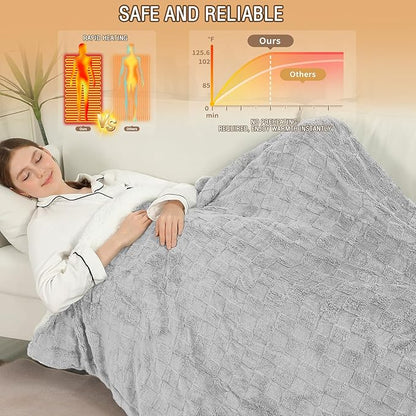 Electric Heating Blanket Throw size 50x60,Electric Blanket Checkered Weave-Wool Blend Heated Blanket,Rapid Heating 6 Temperature Settings 4-Hour Auto Shut-Off ETL Certified,Machine Washable,Light Gray