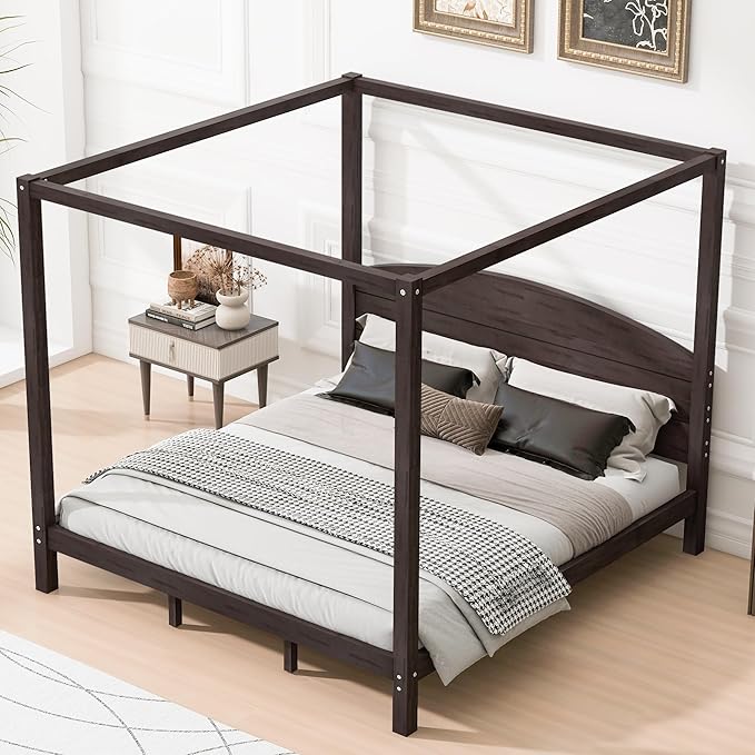 LUMISOL King Size Canopy Bed Frame with Headboard, Wood Platform Bed with Under Bed Storage, Four Poster Bed Frame with Slat Support Leg, No Box Spring Needed, Brown Wash