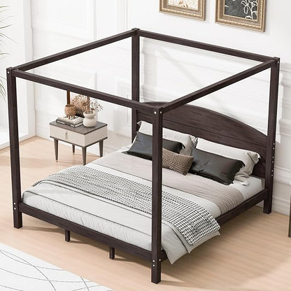 LUMISOL King Size Canopy Bed Frame with Headboard, Wood Platform Bed with Under Bed Storage, Four Poster Bed Frame with Slat Support Leg, No Box Spring Needed, Brown Wash