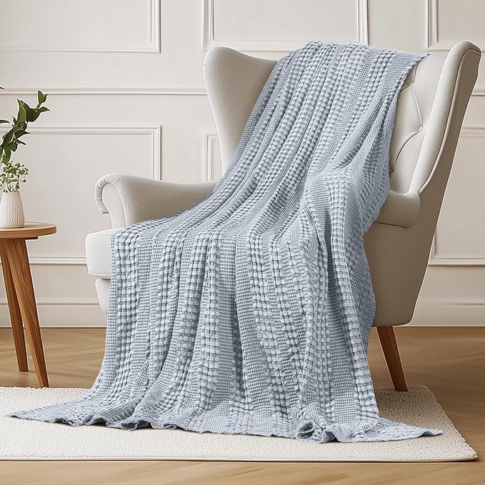 Cooling Waffle Weave Blanket Twin Size for Bed Sofa - Soft Lightweight Bed Blankets of 50% Rayon Derived from Bamboo for Hot Sleepers, Breathable Throw for Summer, Light Blue, 60"x80"
