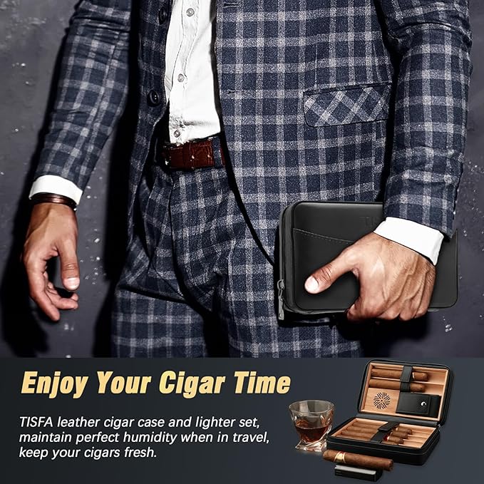 TISFA Cigar Humidor, Leather Cedar Wood Cigar Case with Cigar Lighter, V Cut Cigar Cutter, Cigar Holder 3 in 1, Portable Travel Cigar Humidor Box with Humidifier (Black)