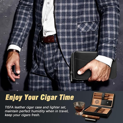 TISFA Cigar Humidor, Leather Cedar Wood Cigar Case with Cigar Lighter, V Cut Cigar Cutter, Cigar Holder 3 in 1, Portable Travel Cigar Humidor Box with Humidifier (Black)