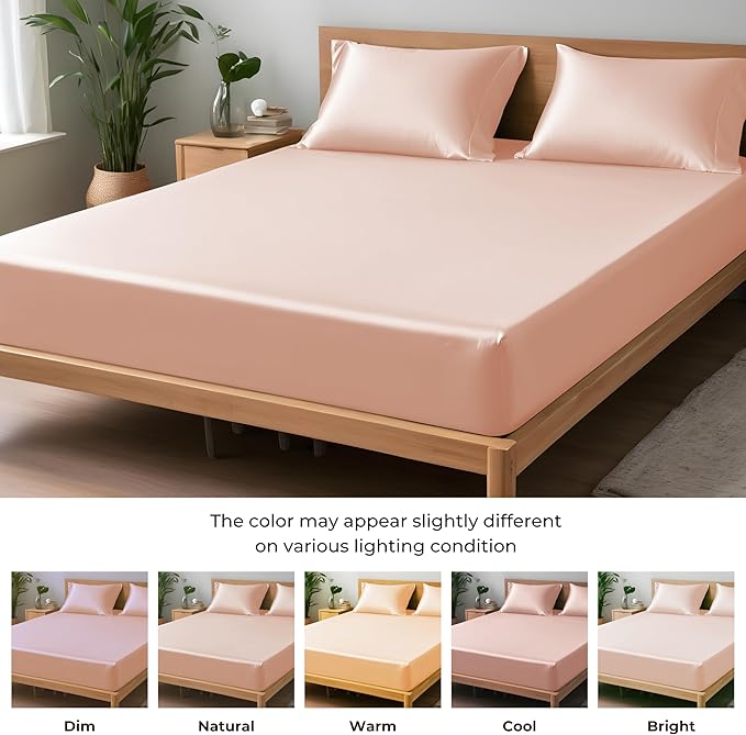 LINENWALAS Fitted Sheet Only Viscose Derived from Bamboo, Bottom Sheet for Twin XL Size Bed – 16” Deep Pocket, All Around Snug Fit – Cooling, Breathable, Soft, Hypoallergenic (Rose Gold, Twin XL)