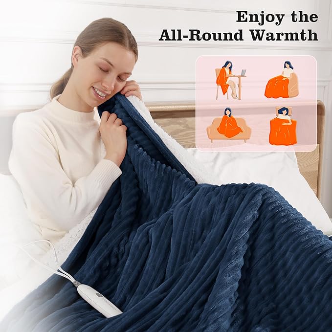 Heated Blanket Electric Throw 50"x60" Heating Blanket 450gsm Ribbed Flannel Sherpa Ultra-Soft with 5 Heating Levels and 4 Hour Auto Off, ETL & FCC Certified Electric Blanket, Great Winter Gift