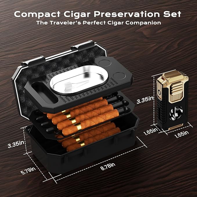 Travel Cigar Humidor Box set with Cigar Ashtray, Cigar Torch Lighter, Built-in V Cutter & Punch & Holder & Draw Enhancer Tool, Humidifier & Hygrometer, Portable Travel Cigar Case, Cigar Gifts for Men