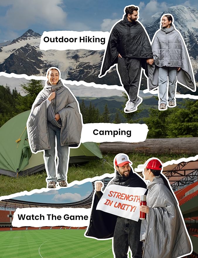 HENNCHEE Heated Blanket Battery Operated with Removable Hooded 70" x 42" Portable Heated Blanket with 16000mAh Battery Pack 5 Heating Zones Waterproof Heated Poncho for Home, Outdoors, Camping, Grey
