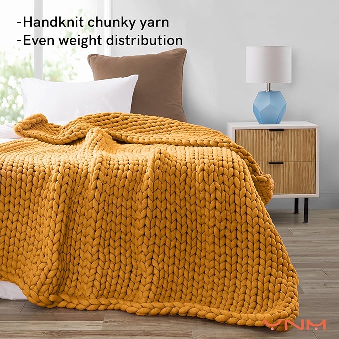 YnM Knitted Weighted Blanket, Handmade Chunky Knitted Design, Soft and Cozy, Temperature Regulating and Breathable, Machine Washable Throw for Sleep or Home Decor (Yellow Fusion, 50x60 Inch, 10lbs)