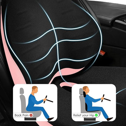 NS YOLO Ergonomic Car Seat Cushion with Comfort Memory Foam Neck Pillow, Car Pillow,Lumbar Support and Big Size Soft Seat Cushion for Driving Seat,Office Chair and Wheel Chair (Black and Pink-3 pcs)
