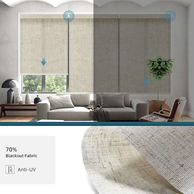 Motorized Roller Shades,70% Blackout Motorized Light Filtering Shades Compatible with Homekit Alexa Google,Smart Blind with Remote,Electric Shades for Home Office,Linen Sand