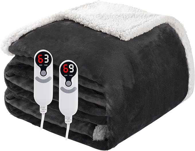 Electric Heated Blanket Queen Size 84"x90", Soft Flannel with Dual Controllers & Overheat Protection, 9 Adjustable Heat Settings & 10-Hour Auto-Off Timer, Fast Heating for Winter Comfort, Dark Gray