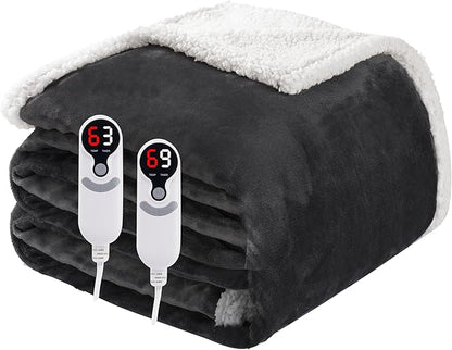 Electric Heated Blanket Queen Size 84"x90", Soft Flannel with Dual Controllers & Overheat Protection, 9 Adjustable Heat Settings & 10-Hour Auto-Off Timer, Fast Heating for Winter Comfort, Dark Gray
