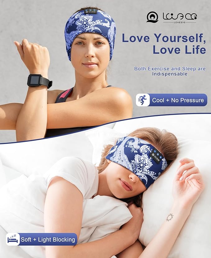 LOVE EYE Sleep Headphones Wireless Headband Headphones Bluetooth 5.4 for Side Sleeper Bluetooth Headband Earphones for Sports for tech Gadgets Gifts (Navy Blue)