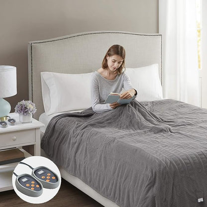 Beautyrest Electric Blanket Luxurious Micro Fleece Ultra Soft Ribbed Textured, Cozy and Snuggly Cover for Cold Weather, Fast Heating, Auto Shut Off, 20 Level Heat Setting Controller, Twin, Grey