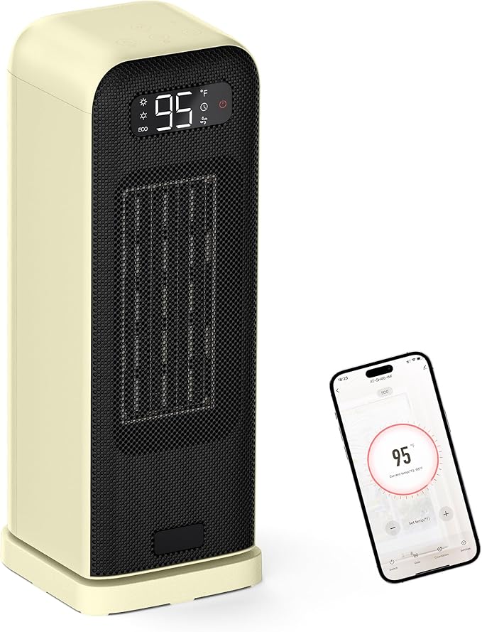 MORENTO Space Heaters for Indoor Use, Electric Portable Heater for Bedroom with Thermostat, WiFi Voice Control, 36dB Quiet 4 Modes 12H Timer, 1500W PTC Ceramic Heater for Office Home 1Pack Yellow