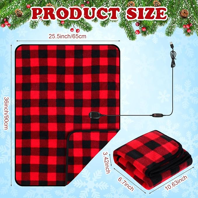 Tuanse 2 Pcs USB Heated Blanket 25"x35" Small Portable 5v 3 Setting Electric Blanket with Timer and Temperature Controller Winter Wearable Recharge Throw for Travel Home(Red and Black Plaid)