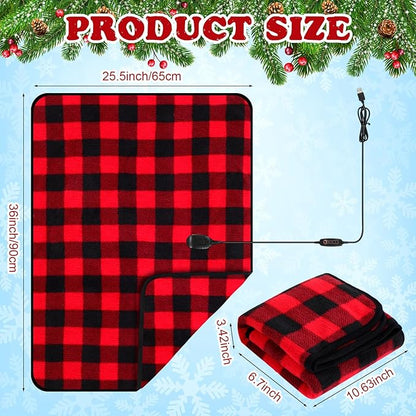 Tuanse 2 Pcs USB Heated Blanket 25"x35" Small Portable 5v 3 Setting Electric Blanket with Timer and Temperature Controller Winter Wearable Recharge Throw for Travel Home(Red and Black Plaid)