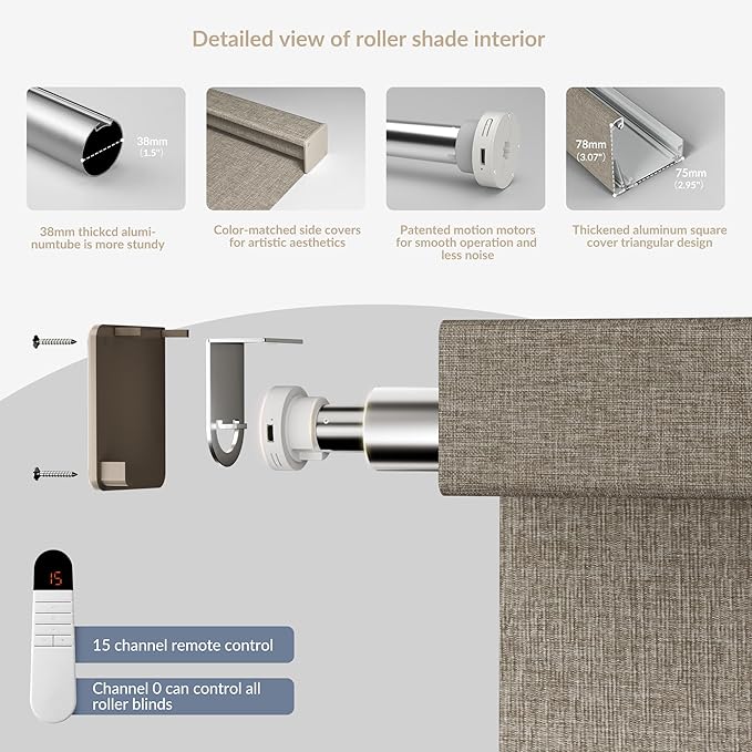 Boolegon Motorized Roller Blinds with Remote Control,Light Filtering Linen Fabric-Matched Automatic Roller Shades for Windows,Rechargeable Electric Window Shades for Home,Office,Light Brown,Custom Now