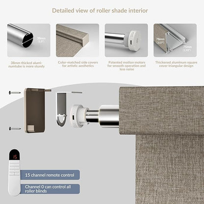 Boolegon Motorized Roller Blinds with Remote Control,Light Filtering Linen Fabric-Matched Automatic Roller Shades for Windows,Rechargeable Electric Window Shades for Home,Office,Light Brown,Custom Now
