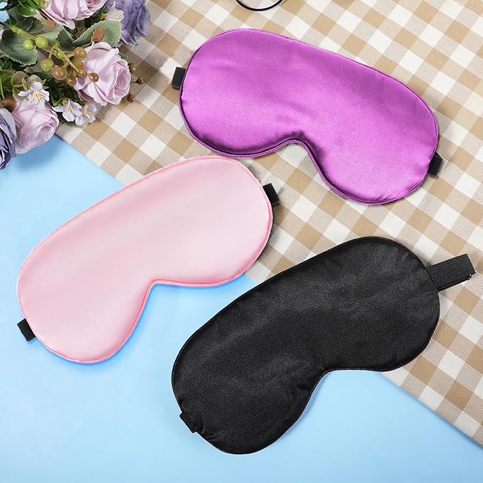 3 Pcs Sleep Mask, Satin Blackout Eye Mask Cover with Adjustable Strap, Silk Night Blindfold Eyeshade Nap for Men & Women Travel Sleeping (Black, Pink, Purple)