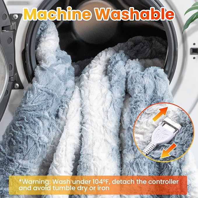 WOOMER Heated Blanket Full Size 77" x 84", Electric Blanket with a Control, 0.5-12 Hours Timer & 10 Heating Levels, ETL Certified, Blue White Flowers Patterns Faux Fur & Sherpa, Machine Washable