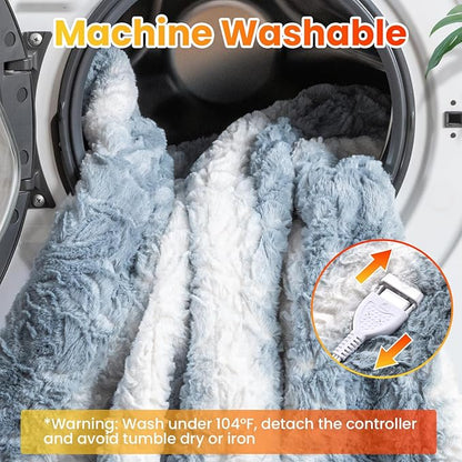WOOMER Heated Blanket Full Size 77" x 84", Electric Blanket with a Control, 0.5-12 Hours Timer & 10 Heating Levels, ETL Certified, Blue White Flowers Patterns Faux Fur & Sherpa, Machine Washable
