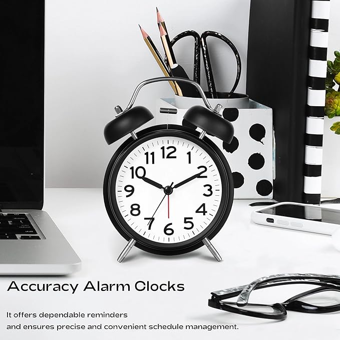 AKCISOT Loud Alarm Clock for Heavy Deep Sleepers, 4.5 Inches Analog Metal Twin Bell Clocks Battery Operated with Backlight for Bedroom Bseide, Old Fashioned for Desk Home Decoration (Black White)