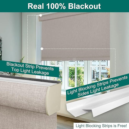 BERISSA Cordless Blackout Roller Shades for Windows,Free-Stop Linen Fabric Windows Blinds with Cassette Valance,Thermal Insulated UV Protection Roller Blinds for Home Office. Pink.29 W x 48" H