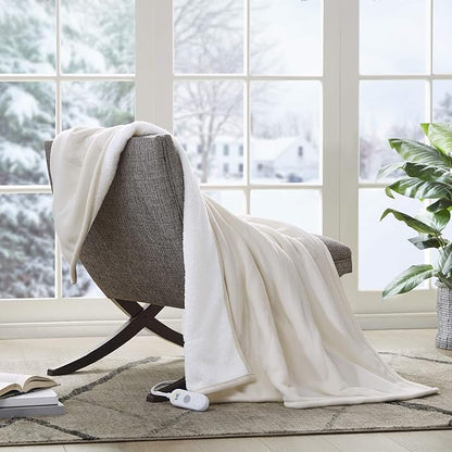 Serta Heated Throw Blanket - Reversible Fleece to Sherpa Electric Blanket, Fast Heating, Auto Shut Off Timer, Multi Heat Setting, ETL Certified, Machine Washable, Tan 50"x 60"