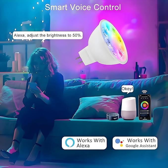 Smart MR16 GU5.3 LED Bulb,GU5.3 Light Bulbs,Dimmable Color Changing Light Bulbs,12Volt Gu5.3 Bi-Pin Base,WiFi & Bluetooth LED Bulbs Work with Alexa,Google Assistant,16Million Colors Syncs with Music.