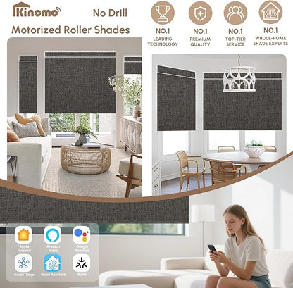 Kincmo No Drill Motorized Blinds with Remote, 100% Blackout Roller Shades for Windows, Custom Electric Blinds Compatible with Alexa, Apple Homekit, Google Home (100% Blackout Classic Shadow)