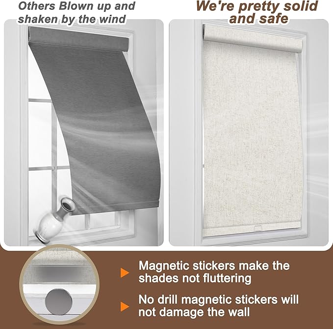 BERISSA No Drill No Tools Blackout Roller Shades for Indoor Windows Cordless, Linen Fabric,Roller Blinds with Light Blocking Strips,Window Shades for Home,Bedroom,Custom Color.Custom Size