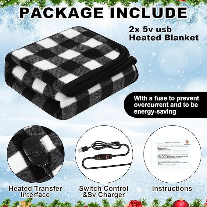 Tuanse 2 Pcs USB Heated Blanket 25"x35" Small Portable 5v 3 Setting Electric Blanket with Timer and Temperature Controller Winter Wearable Recharge Throw for Travel Home(Black and White Plaid)